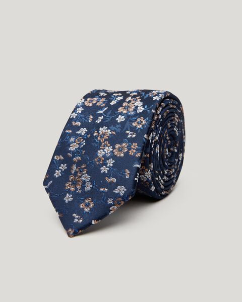 Navy/Tan Small Scale Floral Silk Tie 